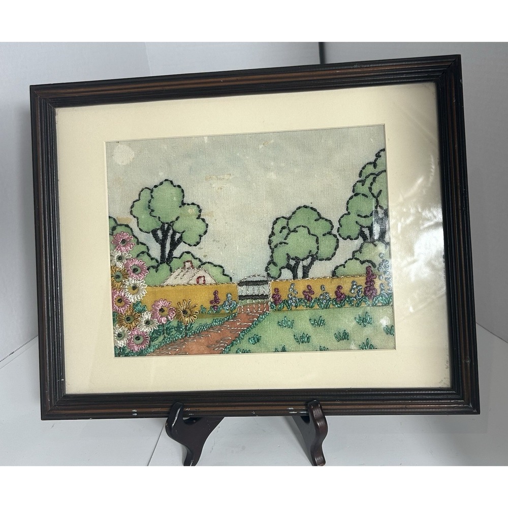 Vintage needle point picture floral wood antique Framed 11x14 tapestry Farm